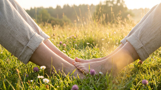 Closeup of two people sitting barefoot in a sunny meadow with wildflowers, enjoying a peaceful summer day in nature
