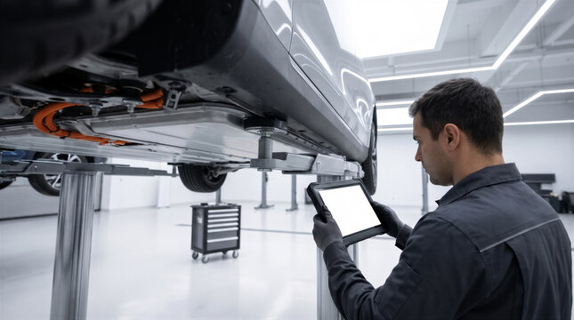 Professional mechanic using a digital tablet to inspect the undercarriage of an electric vehicle in a modern repair shop