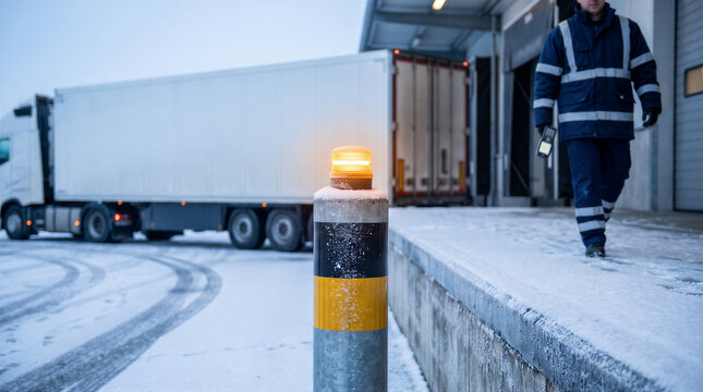 Warehouse worker walking near a loading dock with a truck and a glowing warning bollard in a snowy winter environment
