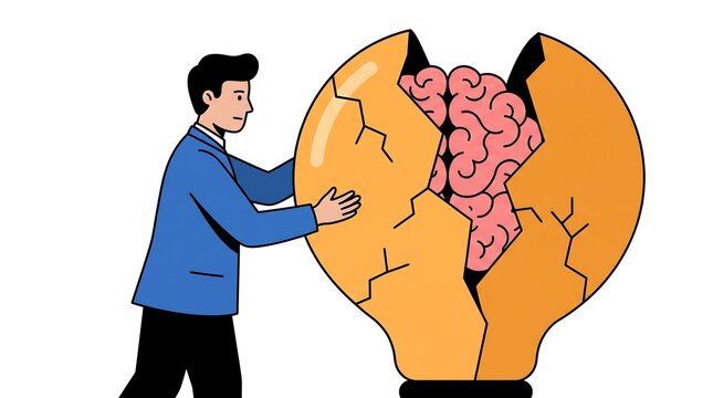 Man opening cracked lightbulb revealing brain inside illustration vector graphic with a white background