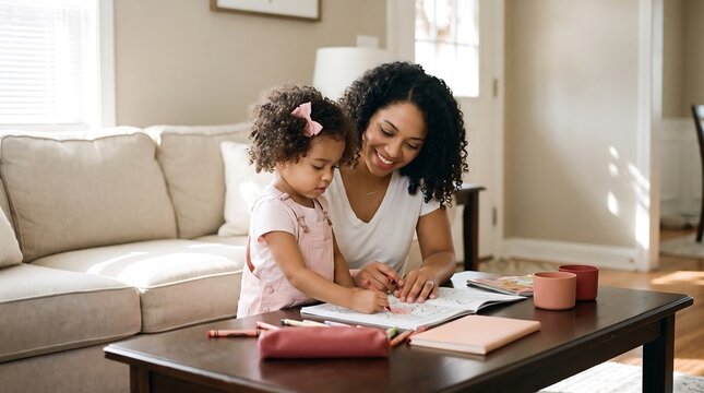 Mother and daughter coloring together on a coffee table in a bright and comfortable living room