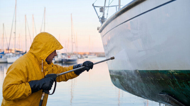 Man in yellow raincoat using a high pressure water sprayer to clean the hull of a sailboat at a marina