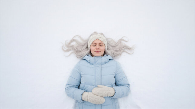 Young woman with blonde hair wearing a blue winter jacket and headband lying peacefully on the snow, top view