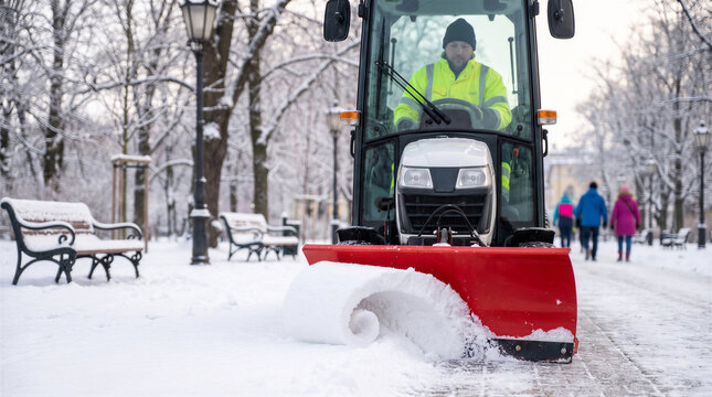 A worker operating a snow plow tractor to clear a snowy path in a public park during winter