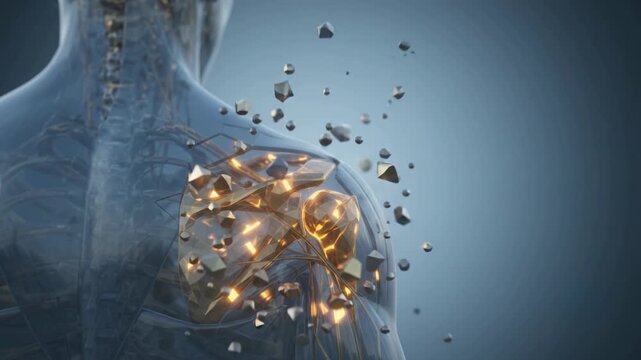 A 3D anatomical video clip of a transparent human body showing a glowing and shattering shoulder joint representing pain or injury.