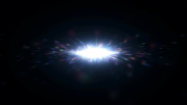 Bright white light burst pulses at the center while colorful particles radiate outward on a dark background. Animated scene combines light burst and particles with layered visual depth.
