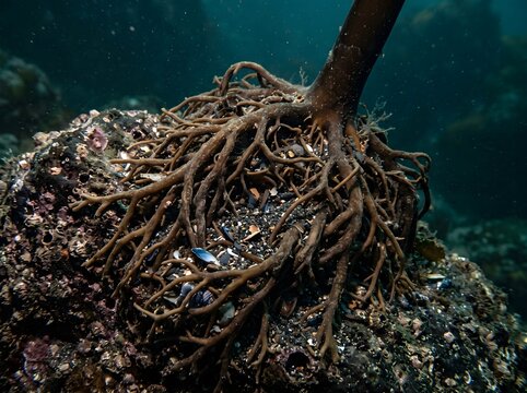 Complex brown holdfast of giant kelp firmly attached to a rocky ocean floor underwater with natural blue lighting creating a fascinating marine ecosystem scene