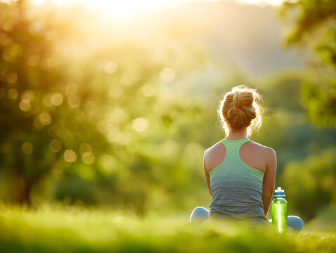 Outdoor fitness woman sitting meditation exercise sunlight green landscape bokeh