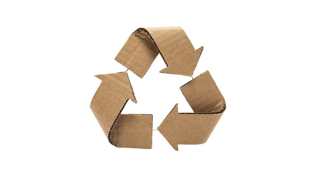 A three-dimensional recycling symbol constructed from brown corrugated cardboard, showing the iconic triangular arrow loop isolated on a black background, for environmental and, recycling themes