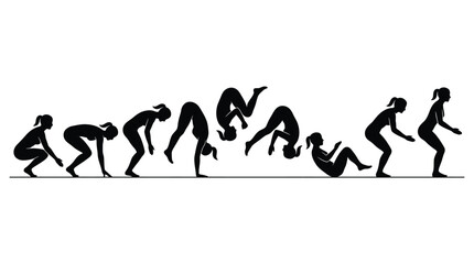 Obraz premium Female gymnast performing front flip sequence showing motion stages in black silhouette vector illustration