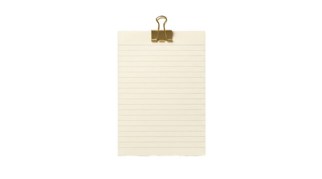 Blank lined paper pad held by a gold binder clip isolated on transparent background