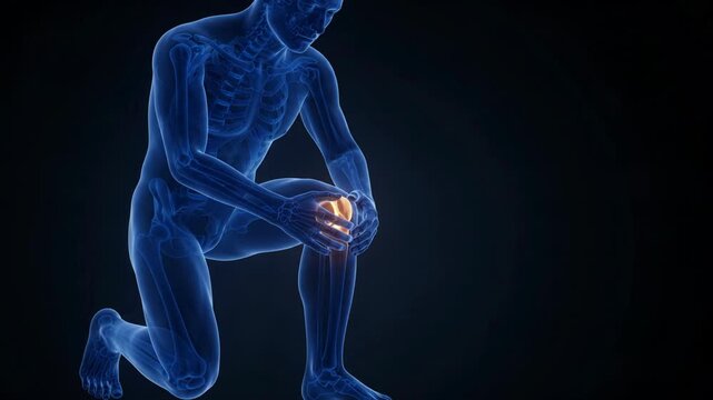 Medical 3D animation of a male figure kneeling with highlighted knee joint pain on a dark background.