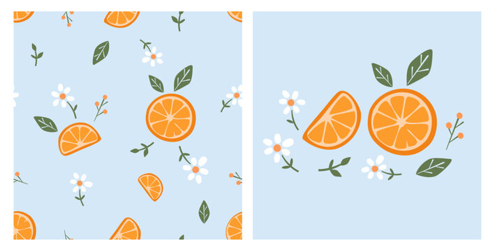 Seamless orange fruit and daisy pattern featuring sliced oranges with green leaves, tiny white flowers, berry sprigs and botanical branches on a soft pastel blue background in simple flat vector.