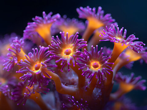 Vivid purple orange coral polyp closeup reveals glowing tentacle detail and delicate marine texture against dark underwater background
