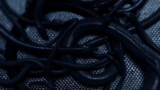 Close-up animation of black shoelaces twisting and shifting on a textured fabric surface with soft focus and low light shadows. Twisting creates soft focus and visible depth.
