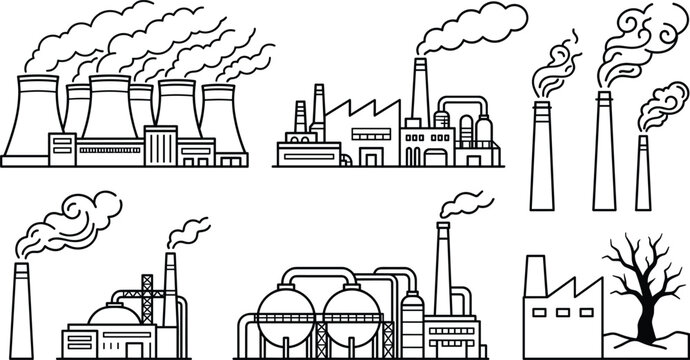 Industrial factory pollution and smoke emissions thin line icon set vector illustration