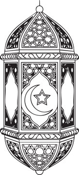 Traditional ornate arabic lantern featuring crescent moon and star motif vector line art illustration ramadan lantern traditional lamp