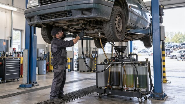 End-of-life vehicle fluid depollution station removing oil, coolant and other hazardous automotive liquids before dismantling, recycling and material recovery at treatment facility