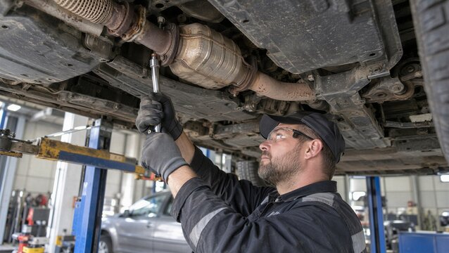 Technician removing catalytic converter from end-of-life vehicle exhaust system, valuable metal recovery and automotive dismantling process at industrial recycling facility