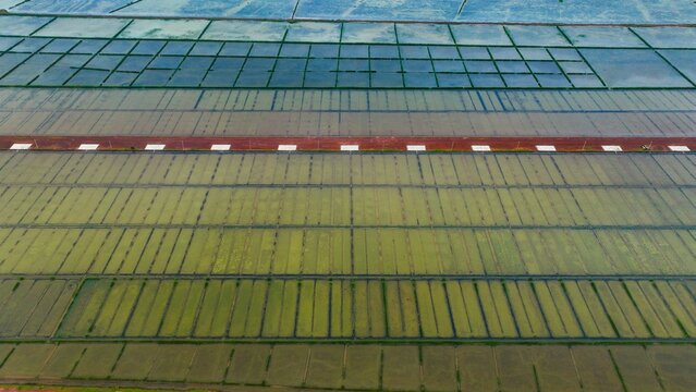 Aerial view of geometric salt pans and aquaculture ponds with water reflecting the sky in Gokarna, Karnataka, India.