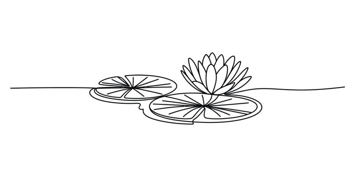 Continuous single line drawing of a beautiful water lily flower with two lily pads floating on a pond surface in a simple minimalist art style