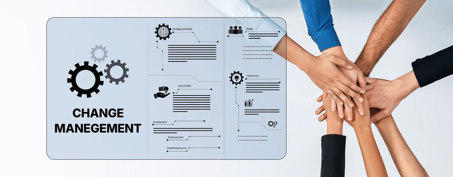 Hands are joined together in unity to represent a collaborative approach to change management in a professional setting, emphasizing teamwork and growth. Trope