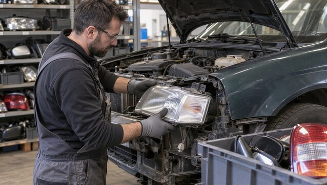 Reusable headlight removed from end-of-life car during automotive dismantling, spare component recovery for reuse, refurbishment and circular vehicle recycling workflow