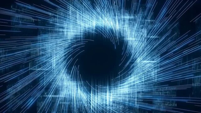 Rotating and expanding blue light lines radiate outward from a central dark void in a digital light tunnel. Animated scene combines lines and light streaks with layered visual depth.