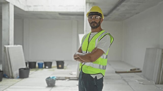 Man wearing hardhat, safety glasses and reflective vest stands with arms crossed in a building; confidence professionalism.