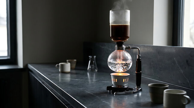 Syphon coffee maker brewing hot beverage on a dark kitchen countertop