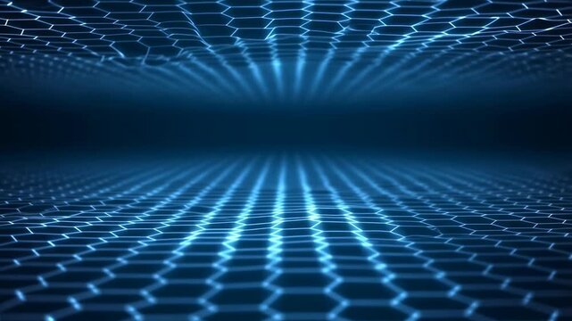 Glowing blue hexagonal grid pattern pulses and flows in a symmetrical digital tunnel space. Layered composition brings together hexagonal grid pattern and pulsing motion.