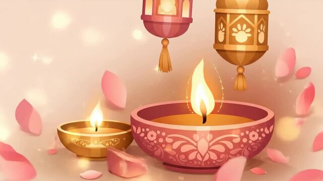 Warm diwali celebration with glowing diyas, hanging lanterns and floating petals. closeup pan toward a flickering flame and soft bokeh glow.