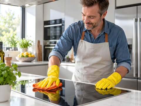 Man Cleaning Modern Kitchen Counter with Disinfectant