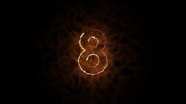 A blazing number 8 made of realistic red and orange flames, isolated on a black background. Perfect for countdowns, celebrations, sports graphics, gaming, promotional videos, and motion design.