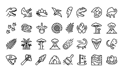 Prehistoric World Dinosaurs Extinct Animals and Fossil Line Icons Collection © Anjuara