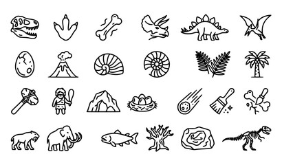 Prehistoric Dinosaurs Fossils and Ancient Life Editable Line Icons Set © Anjuara