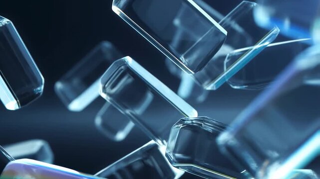 Transparent glass-like rectangular prisms float and slowly rotate in a dark abstract space. Abstract backdrop shaped by floating movement, transparency and light refraction.