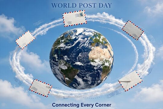 Global connection concept with envelopes orbiting planet earth in the sky world post day air mail international communication sky background digital connectivity postal service mail delivery