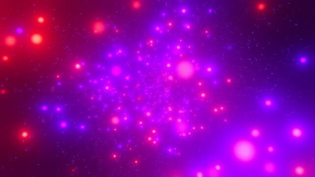 Glowing purple, pink, red, and blue particles pulse and flow outward and inward across a dark digital space. Layered composition brings together glowing particles and pulsing motion.
