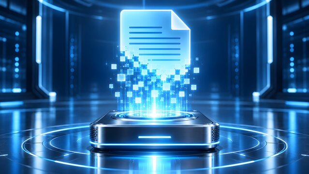 Glowing blue digital document hologram materializing over a metallic pedestal in a modern server room representing secure electronic file storage and futuristic data management