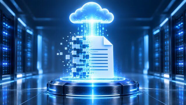 Glowing blue cloud computing hologram over a server rack pedestal with a digital document breaking into pixels illustrating data transfer and cloud storage security