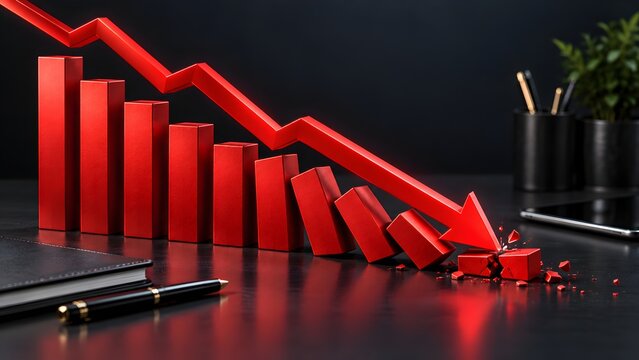 Red 3D descending bar chart with a crashing arrow on an office desk representing financial crisis stock market crash and business failure