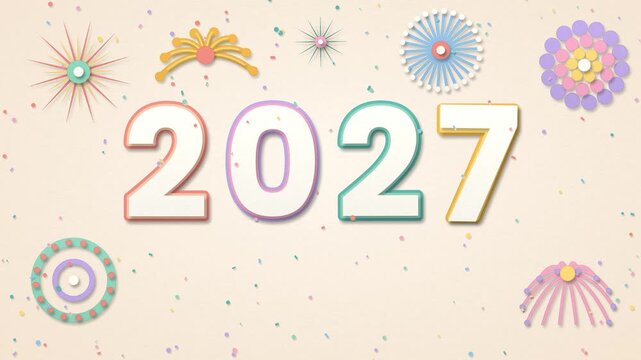 Pastel paper rosettes surround colorful 2027 for New Year party invitations, animated greeting cards and festive social videos