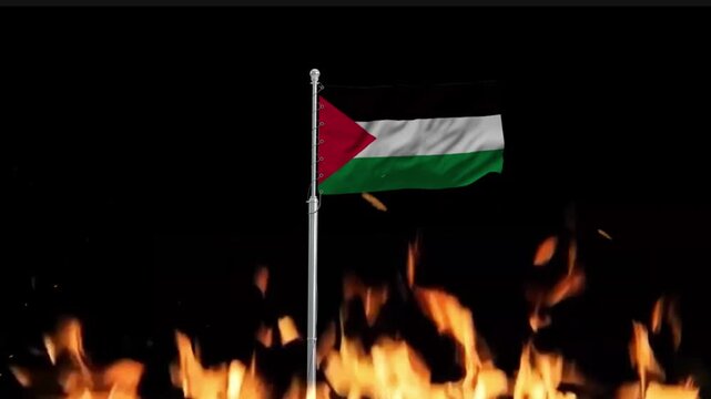 Palestinian flag waving proudly over blazing fire video footage