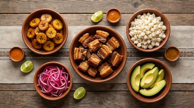 Traditional Ecuadorian fritada dish served in clay bowls on rustic wood
