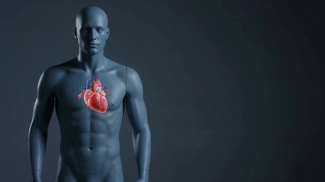 3D medical animation video footage of a human male anatomy showing a detailed glowing heart inside the chest.