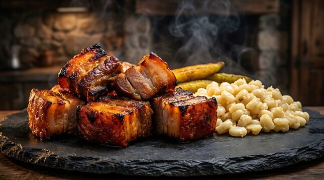 Ecuadorian fritada with fried pork and mote served on a stone plate