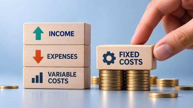 Hand placing a wooden block labeled fixed costs on stacks of gold coins alongside blocks showing income, expenses, and variable costs for financial planning and budgeting concept