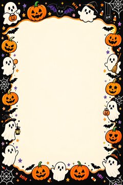 Cute halloween pumpkin ghost doodle border with blank cream center