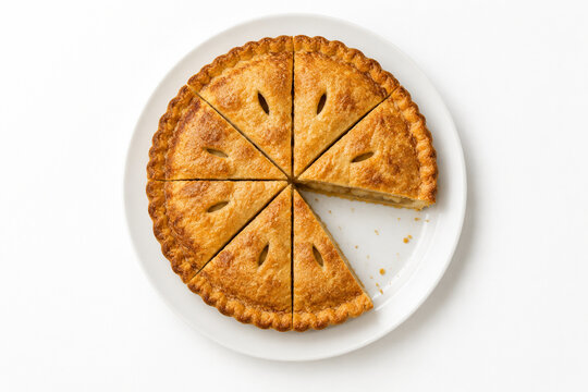 Whole pie divided into equal slices with one removed, fractions and math learning concept